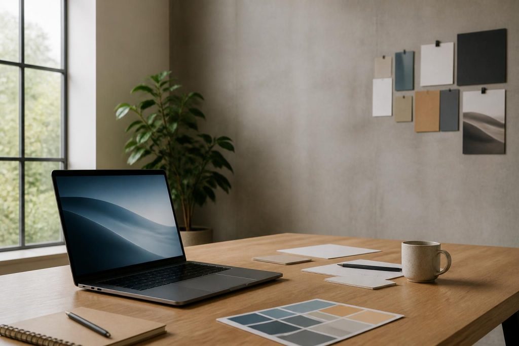 Modern creative workspace with laptop glow and clean design elements.